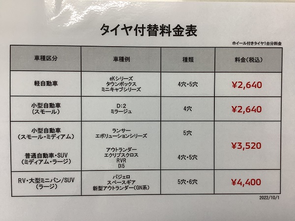 整備料金改定のお知らせ